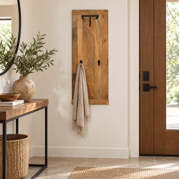 A rustic wooden entryway coat rack with black metal hooks hangs on a cream wall in a styled home entryway, with a beige throw blanket draped over it.
