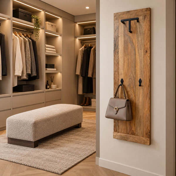 A rustic wooden entryway coat rack with black metal hooks hangs on a wall in a modern walk-in closet. A taupe handbag is hanging from one of the hooks, with clothing and shelving visible in the background.