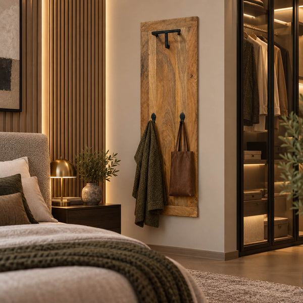 A rustic wooden wall hook rack with two black hanging hooks in a modern bedroom setting, holding a dark green textured throw blanket and a brown leather tote bag.