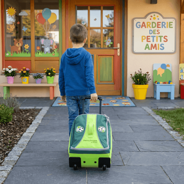 Sternschnuppe by McNeill green and dark teal kids trolley suitcase with soccer ball design, telescopic handle and wheels in a cozy football-themed bedroom.