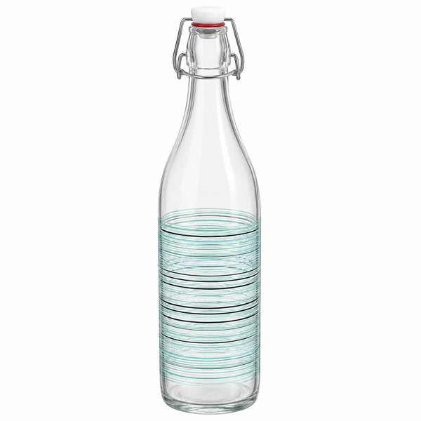 A clear glass swing-top bottle with a white screw cap and metal clasp, featuring a stack of pale green striped glass plates or coasters inside the lower half, on a white background.