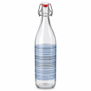 A clear glass swing-top bottle with a blue striped pattern on the lower half, featuring a white stopper with a red accent and a metal clasp, set against a plain white background.