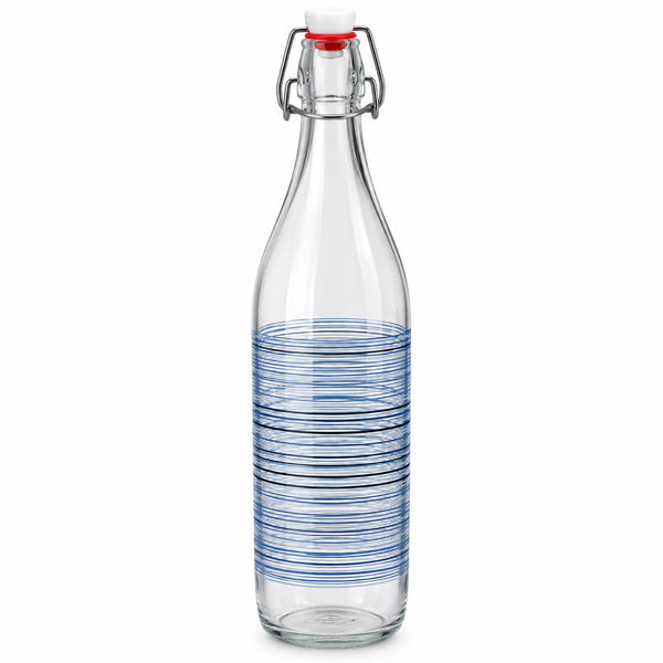 A clear glass swing-top bottle with a blue striped pattern on the lower half, featuring a white stopper with a red accent and a metal clasp, set against a plain white background.