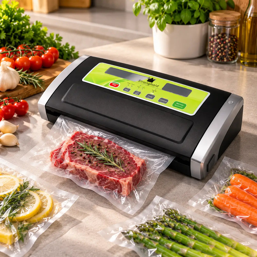 A countertop food sealer machine in a kitchen setting, shown sealing vacuum bags containing salmon, steak, and asparagus. Fresh vegetables, herbs, and jars are arranged around it on a light stone countertop.