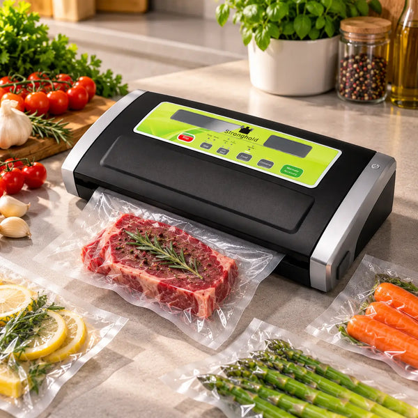 A countertop view of a black and silver FoodSaver vacuum sealer with a bright green control panel, shown sealing a raw beef steak in clear plastic. Surrounding the machine are fresh ingredients including tomatoes, garlic, asparagus, carrots, lemon slices, and herbs on a kitchen counter.