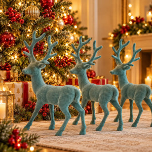Flocked Decorative Reindeer – Teal Green – Approx. 33 cm