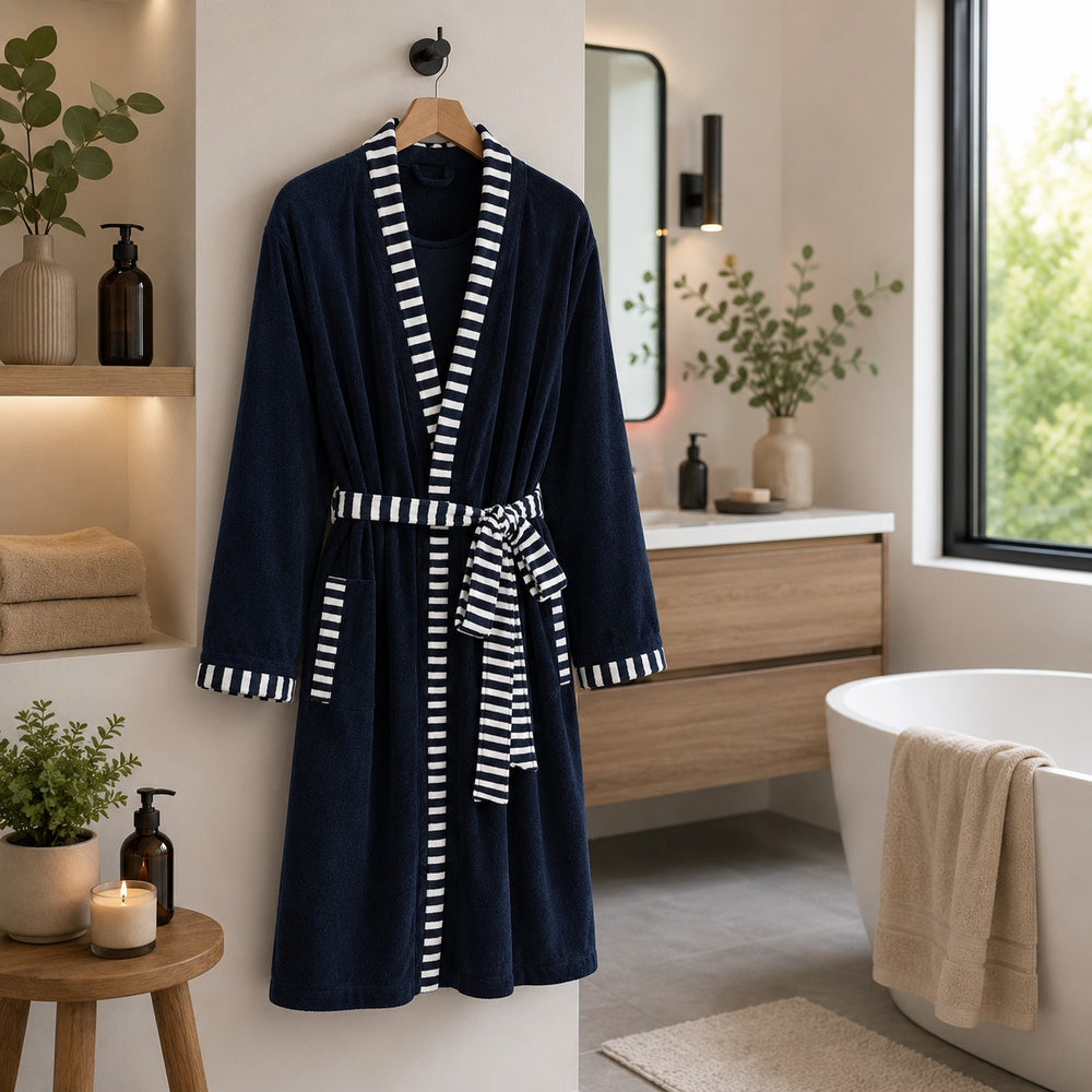 Navy blue robe with white stripes hanging in a bathroom.