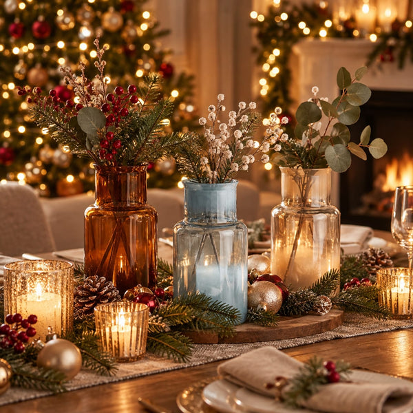 Three decorative glass vases filled with holiday greenery and candles arranged on a wooden table runner in a warmly lit dining room with a Christmas tree and fireplace in the background.