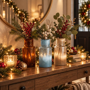Three decorative glass vases in amber, light blue, and cream, filled with holiday greenery, red berries, and white blossoms, arranged on a wooden console table with candles and lights.