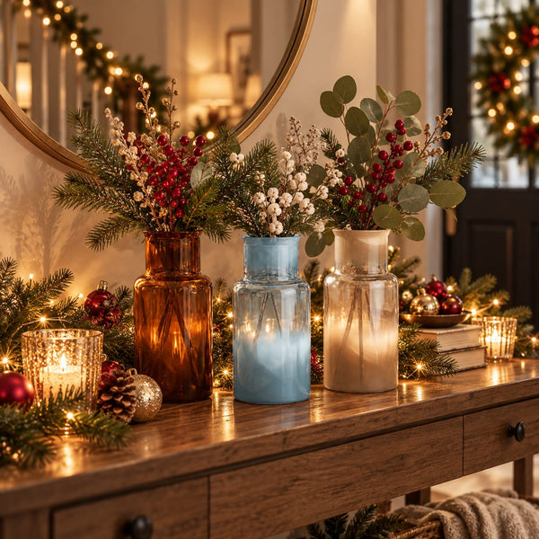 Three decorative glass vases in amber, light blue, and cream, filled with holiday greenery, red berries, and white blossoms, arranged on a wooden console table with candles and lights.