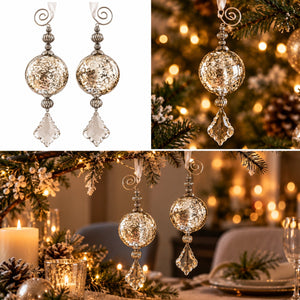 Three-panel collage showing silver-toned Christmas tree ornaments with faceted round glass balls and dangling crystal prisms, including a white studio view, a close-up in front of a lit Christmas tree, and a styled holiday table scene.