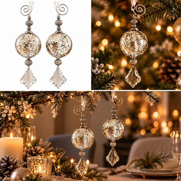 Three-panel collage showing silver-toned Christmas tree ornaments with faceted round glass balls and dangling crystal prisms, including a white studio view, a close-up in front of a lit Christmas tree, and a styled holiday table scene.