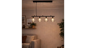 Nino Germany Ella 4-Light Pendant Lamp – Black Metal Hanging Light with Globe Glass Shades