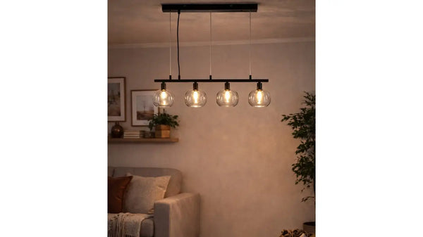 Nino Germany Ella 4-Light Pendant Lamp – Black Metal Hanging Light with Globe Glass Shades
