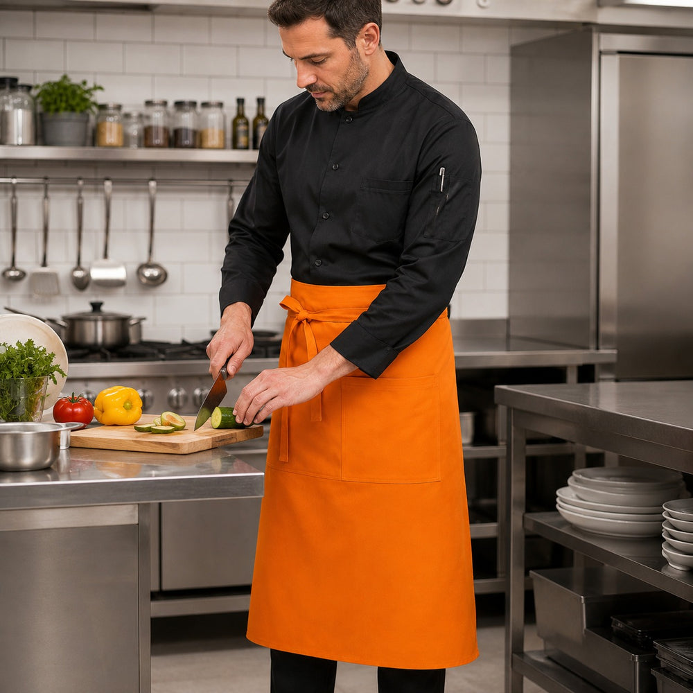 Professional chef wearing a bright orange Jobeline Taglio waist apron while preparing vegetables in a commercial kitchen.
