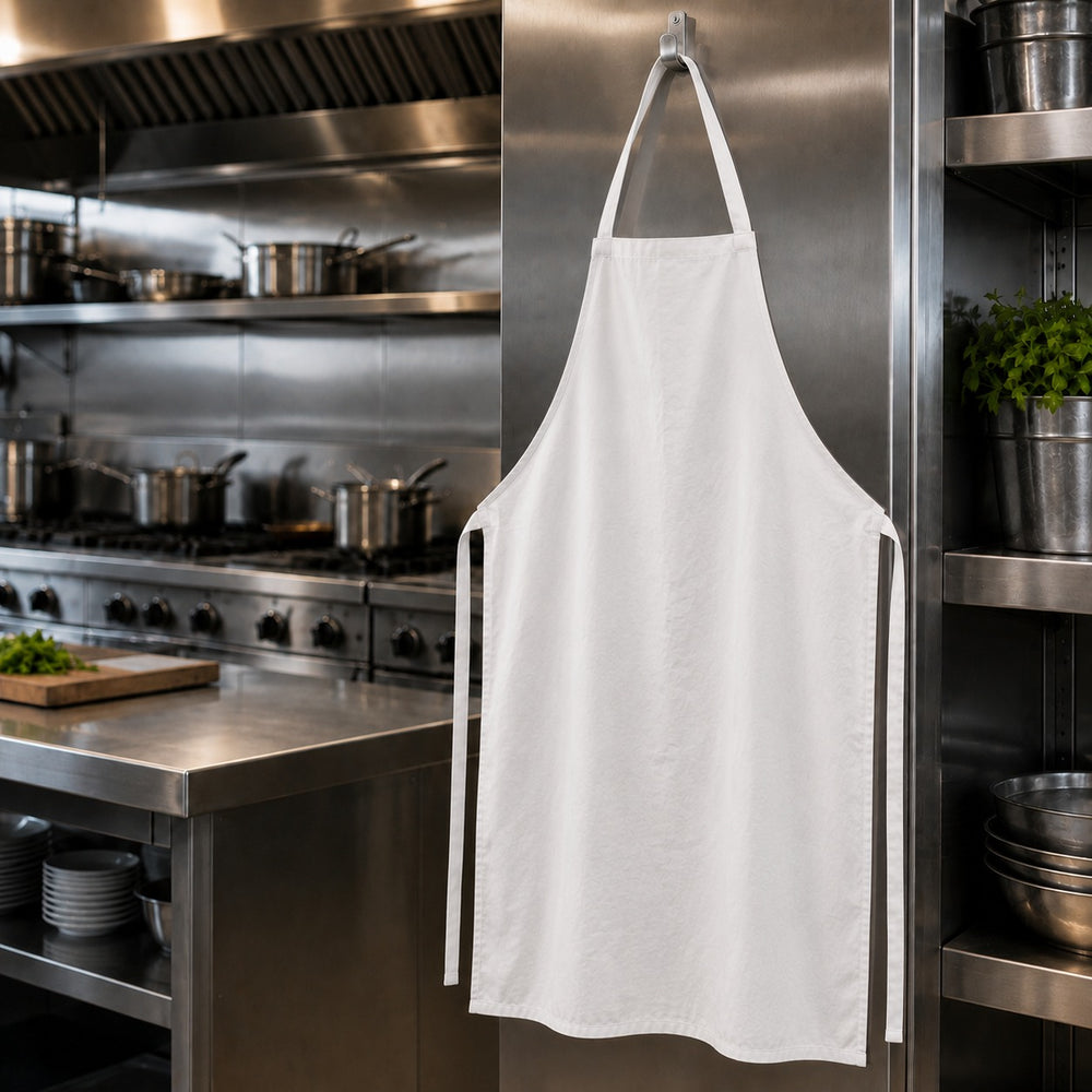A white kitchen apron with neck and waist ties hanging on a hook in a stainless steel commercial kitchen.