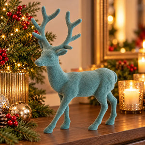 Flocked Decorative Reindeer – Teal Green – Approx. 33 cm