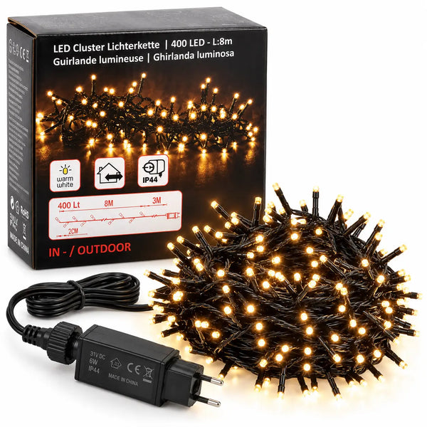 LED Cluster Light String – 400 Warm White LEDs – 8 m – Indoor & Outdoor