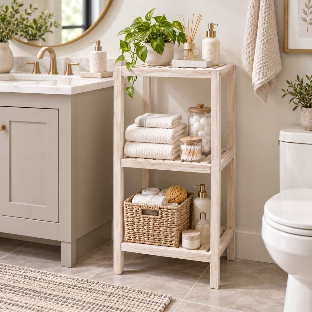 Wenko Norway 3-Tier Standing Shelf – Vintage White Solid Wood Storage Rack for Bathroom & Living Room