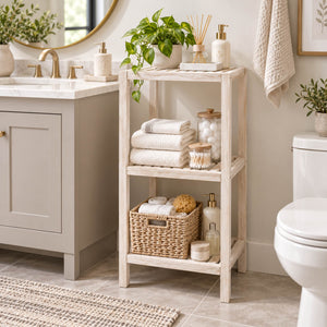 Wenko Norway 3-Tier Standing Shelf – Vintage White Solid Wood Storage Rack for Bathroom & Living Room