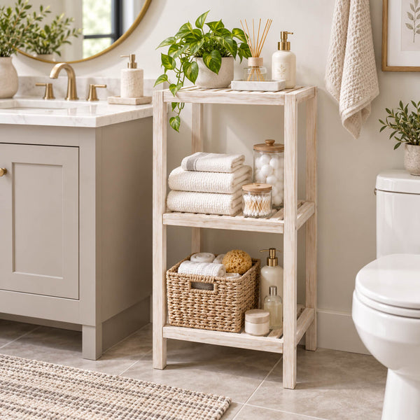 Wenko Norway 3-Tier Standing Shelf – Vintage White Solid Wood Storage Rack for Bathroom & Living Room