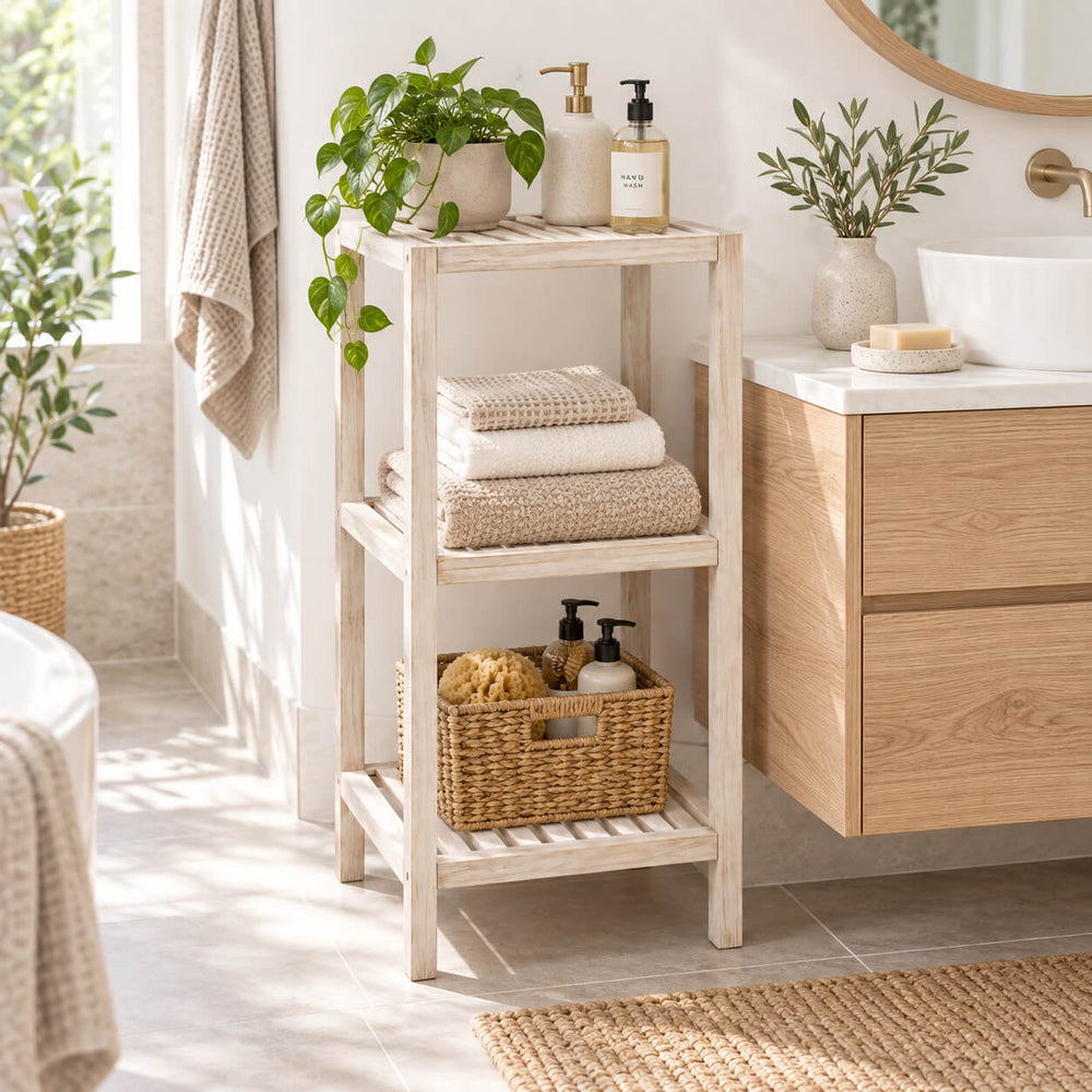 Wenko Norway 3-Tier Standing Shelf – Vintage White Solid Wood Storage Rack for Bathroom & Living Room