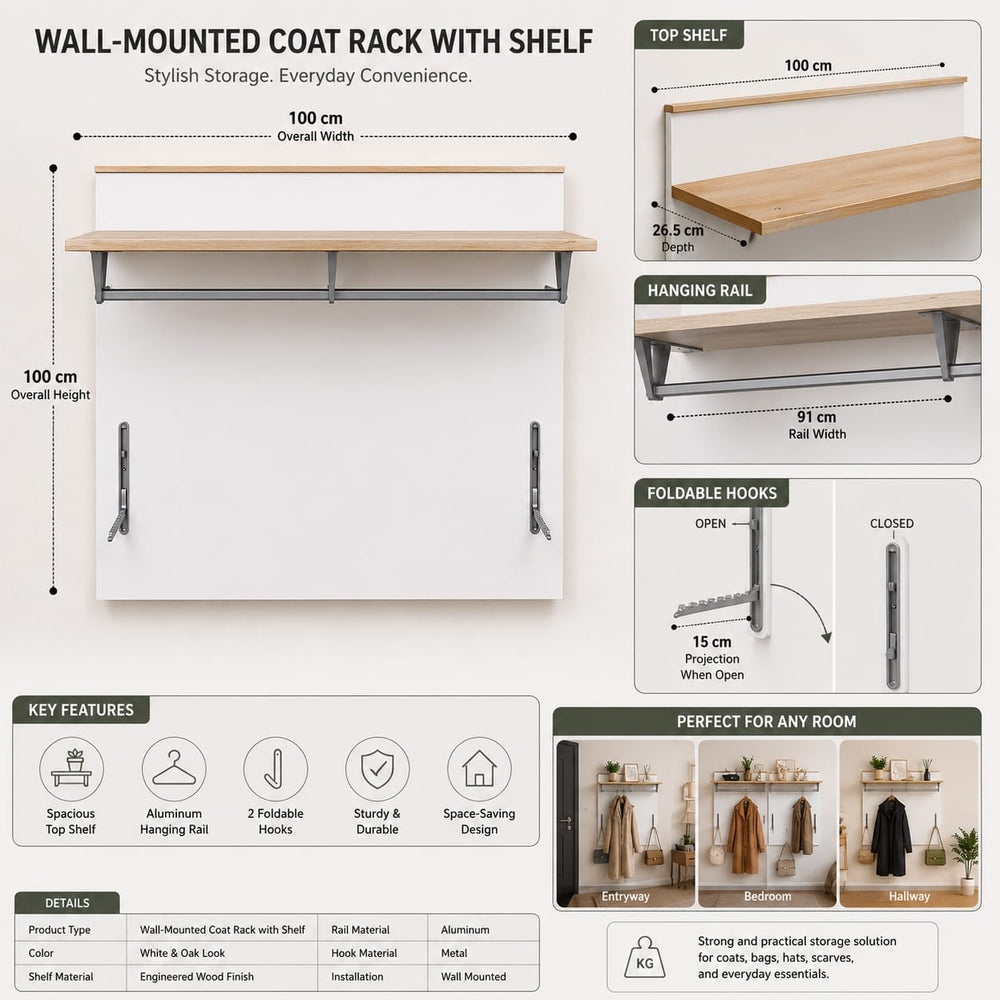 Wall-Mounted Coat Rack with Shelf and Hanging Rail 100 cm