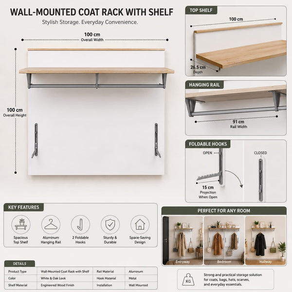 Wall-Mounted Coat Rack with Shelf and Hanging Rail 100 cm