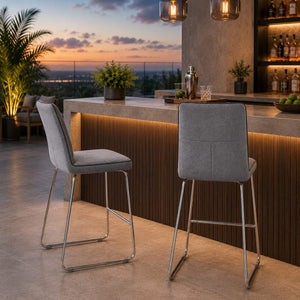 Modern Grey Upholstered Bar Stool with Chrome Legs – 75 cm