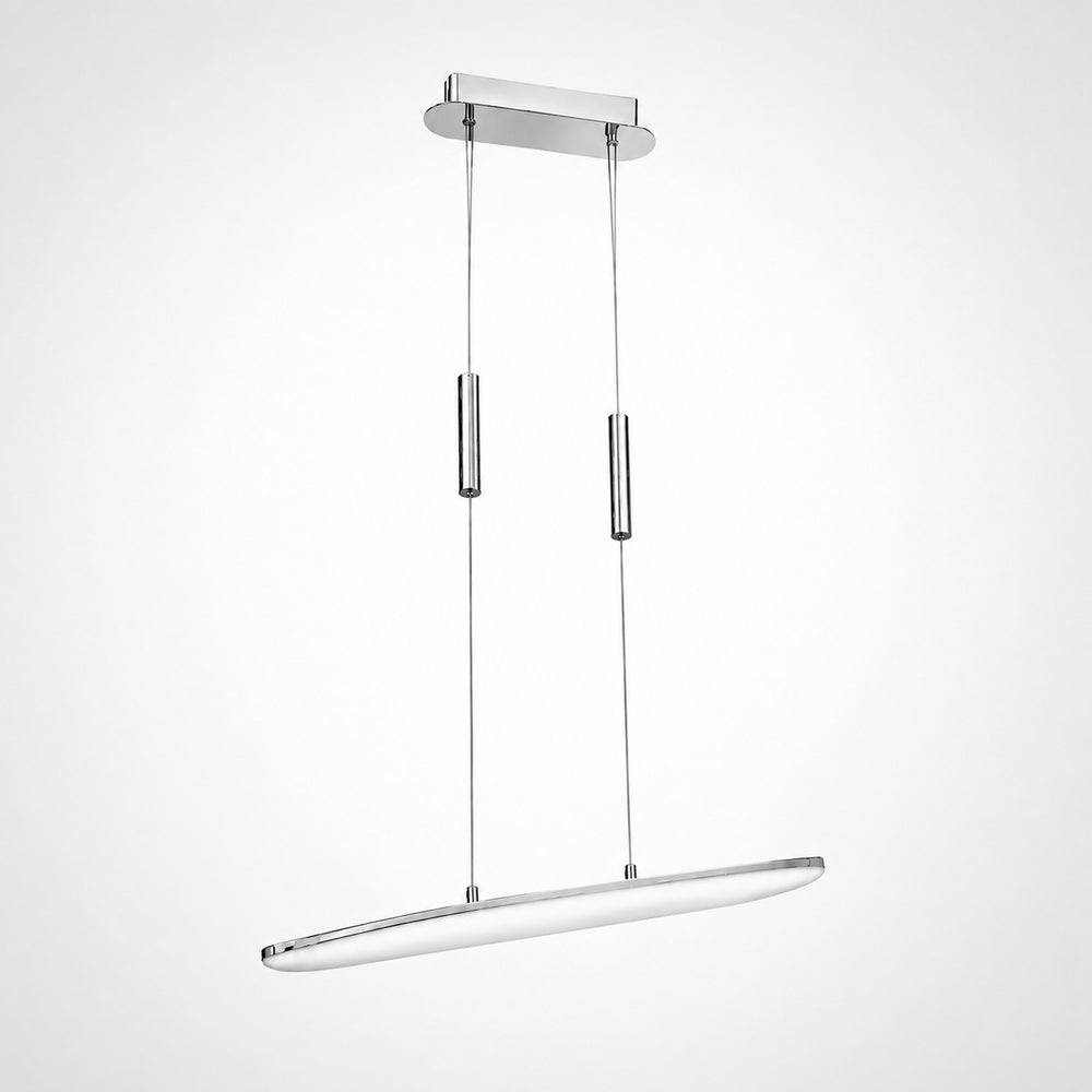 A modern linear pendant light with a wide horizontal oval shade and slim cylindrical hanging rods, shown lit in a contemporary dining room setting.