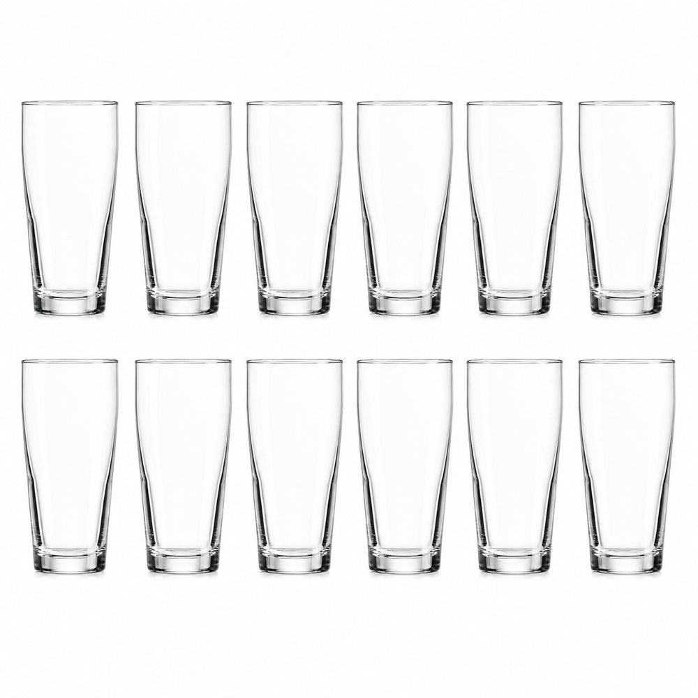 Set of 12 beer glasses with snacks on a living room table during a football match.
