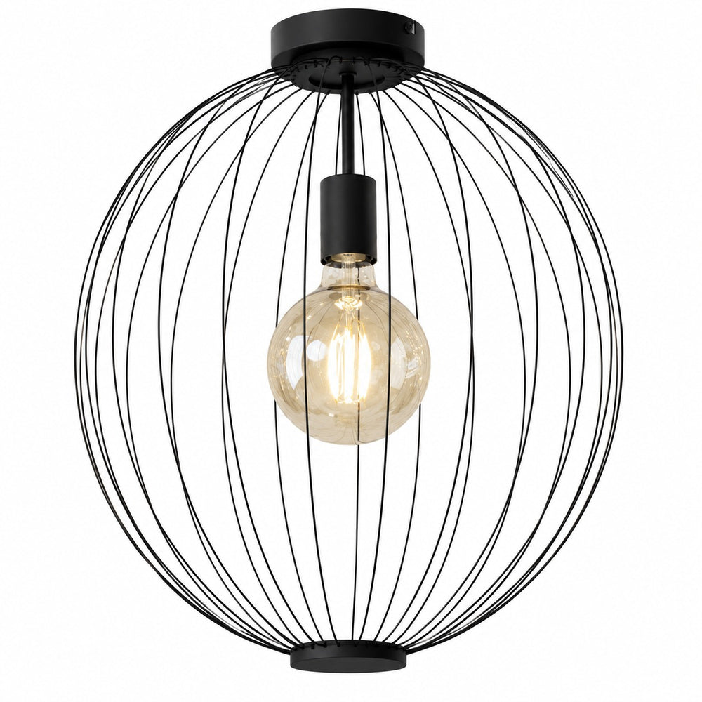 Shop the Nino Aurora black metal ceiling light featuring a modern 40 cm spherical wire shade and one E27 bulb fitting. Ideal for living rooms, bedrooms, hallways, and dining spaces.
