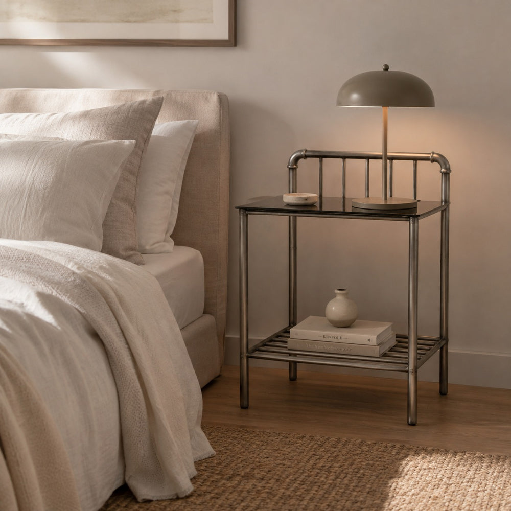 Lucia Industrial  Black Glass & Metal Frame Side Table