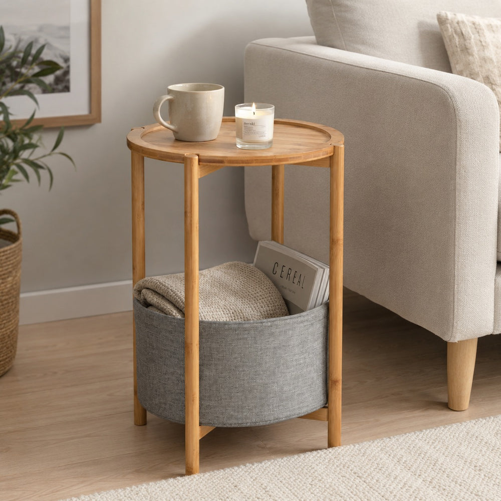 Wenko Bahari Bamboo Side Table with Removable Serving Tray & Large Storage Basket