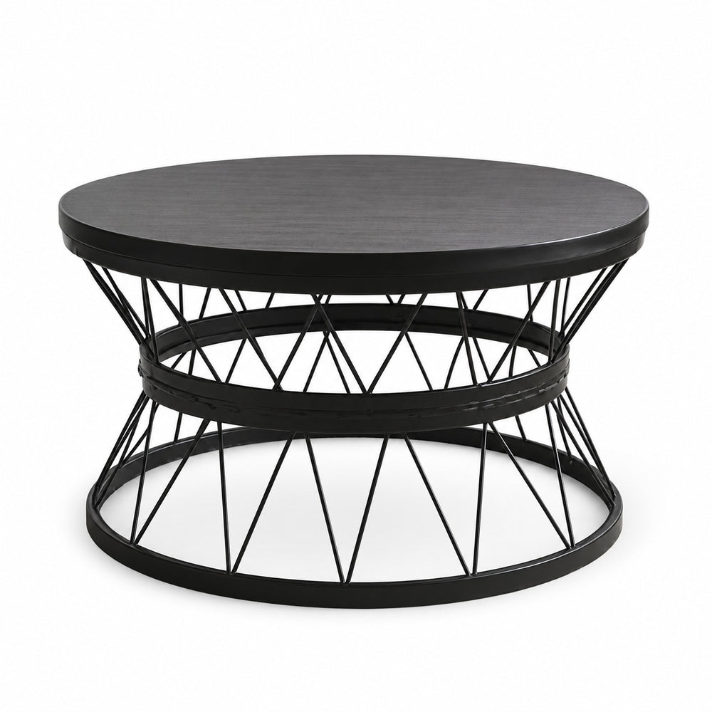 Round handmade metal and wood coffee table with geometric base, 68 cm diameter and 45 cm height