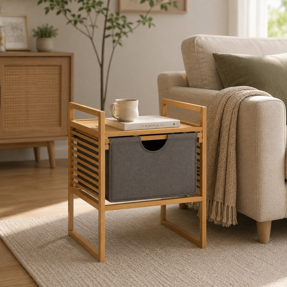 Wenko Bahari Bamboo Side Table – Modern End Table with Removable Grey Fabric Drawer