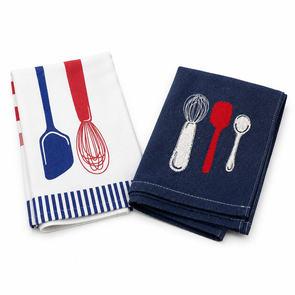 Two folded kitchen towels on a white background. One towel is white with blue and red utensil illustrations and a blue-and-white striped hem.