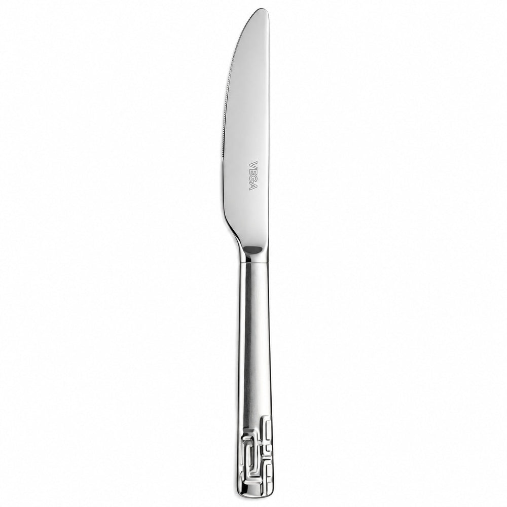 A collage showing a silver-toned VEGA knife from multiple angles: close-up of the handle, close-up of the blade, full length with 20.5 cm dimension line, and styled on a table setting with plates and bread.