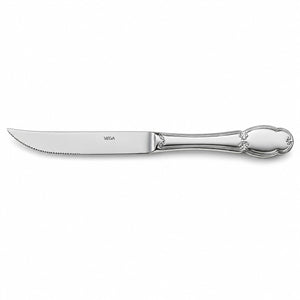 A single silver steak knife with a serrated blade and an ornate polished handle, shown horizontally on a clean white background. The brand name 'MESA' is printed on the blade.