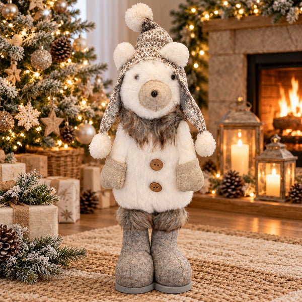 Winter Bear Christmas Decoration – White & Grey, 37 cm