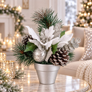 Migros Winter Christmas Poinsettia & Pinecone Arrangement – Gold or Silver, 23 cm
