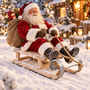 A festive holiday scene showing Santa Claus sitting in a wooden sled on a snowy outdoor porch. He is wearing his traditional red and white suit, with a large brown sack of gifts on his back, and the background features warm lights and decorated Christmas trees.