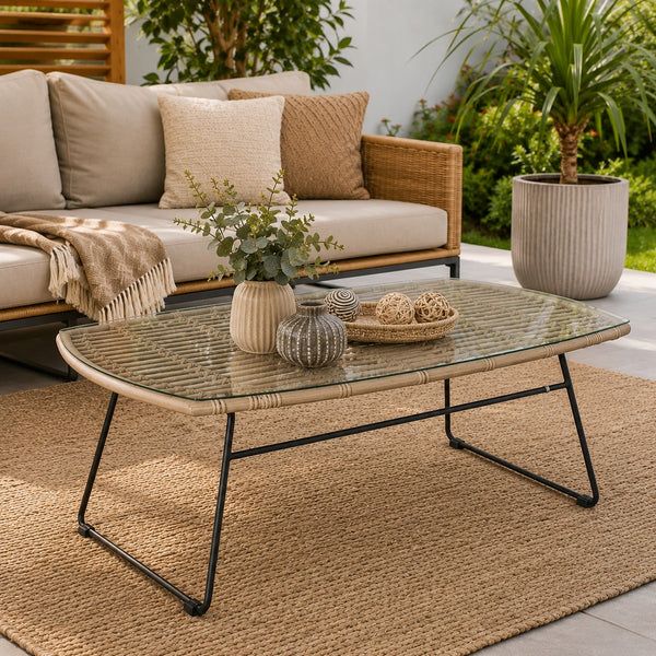 Maui Outdoor Rattan Center Table with Tempered Glass