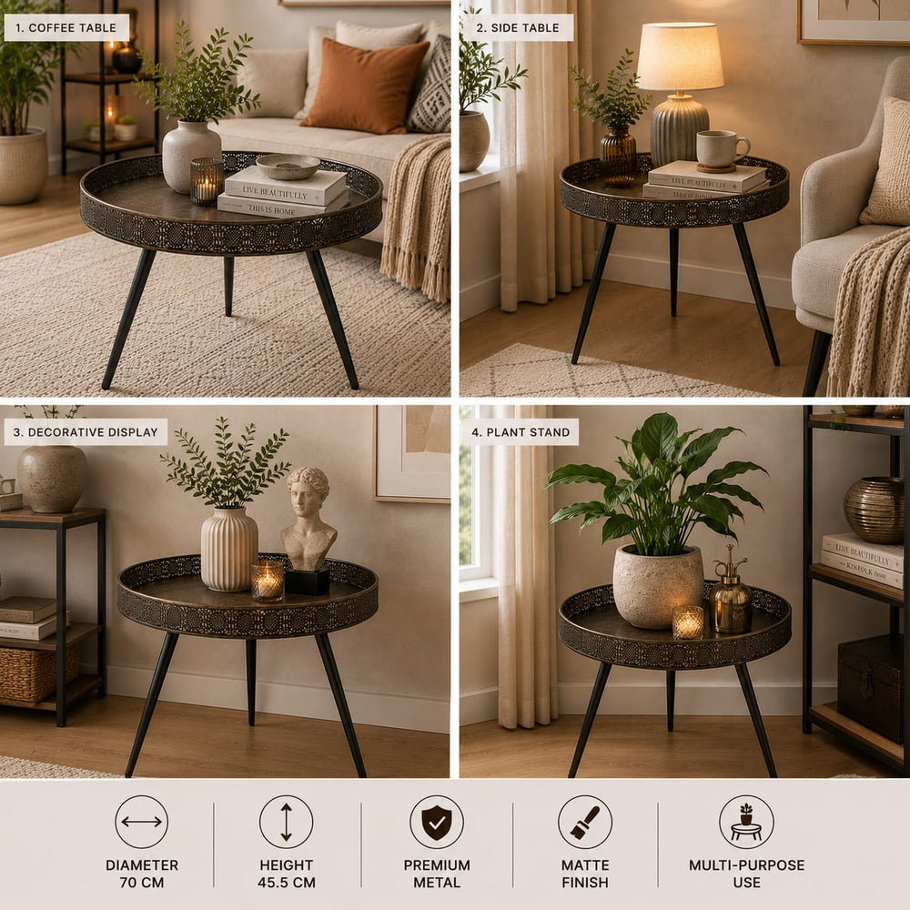 Round Bronze Metal Coffee Table – Matte Finish | Multi-Purpose Coffee Table, Side Table & Decorative Display Stand