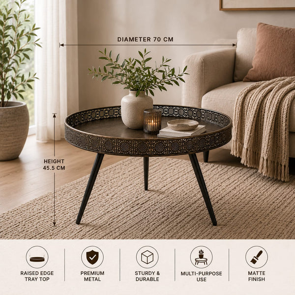 Round Bronze Metal Coffee Table – Matte Finish | Multi-Purpose Coffee Table, Side Table & Decorative Display Stand