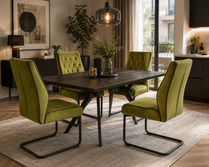 Modern Tufted Velvet Dining Chair with Black Cantilever Metal Frame – Olive Green