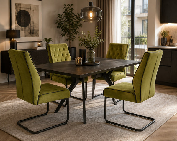 Modern Tufted Velvet Dining Chair with Black Cantilever Metal Frame – Olive Green