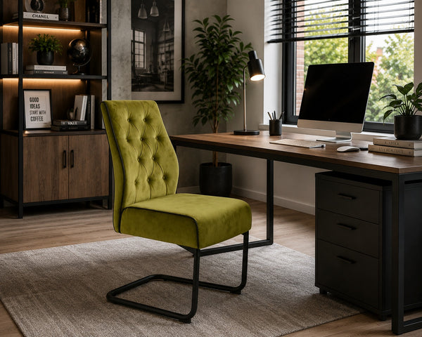 Modern Tufted Velvet Dining Chair with Black Cantilever Metal Frame – Olive Green