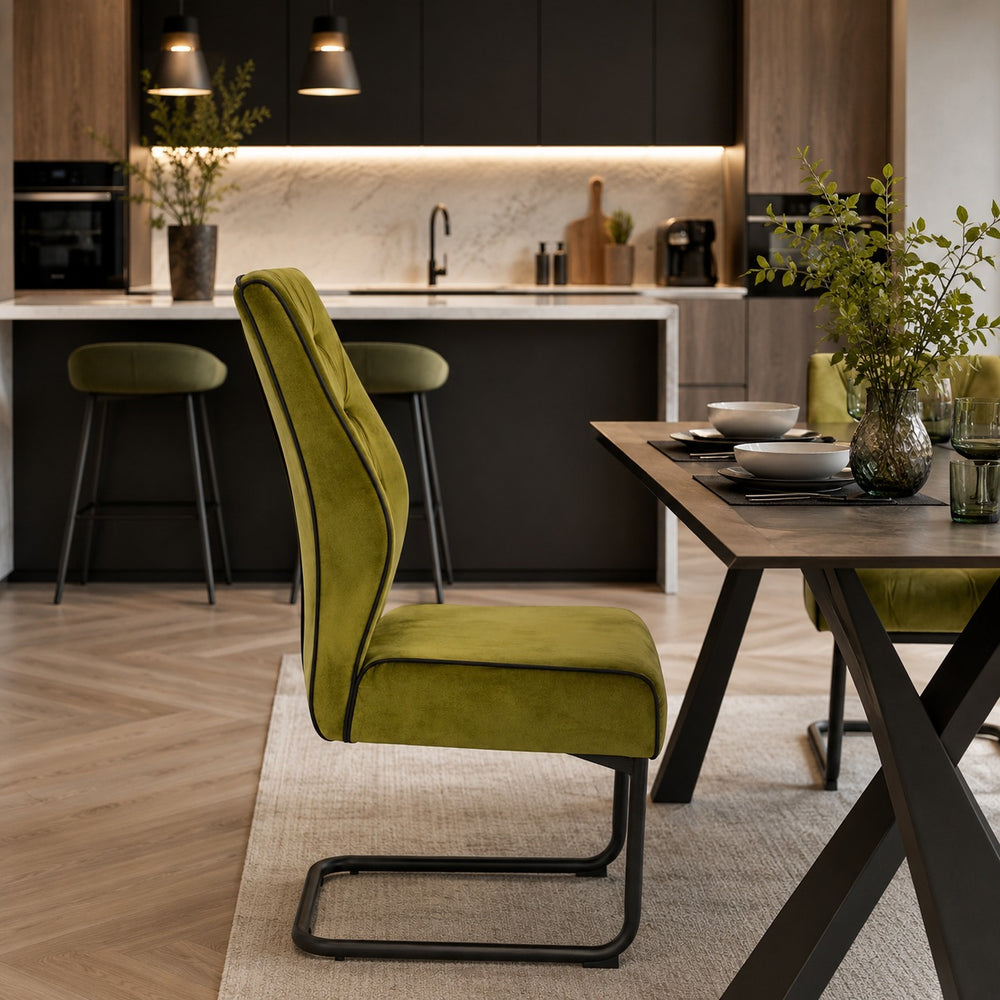 Modern Tufted Velvet Dining Chair with Black Cantilever Metal Frame – Olive Green