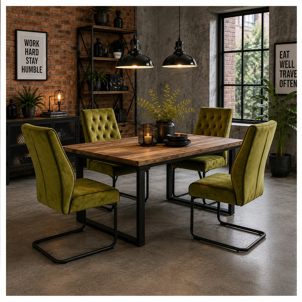 Modern Tufted Velvet Dining Chair with Black Cantilever Metal Frame – Olive Green